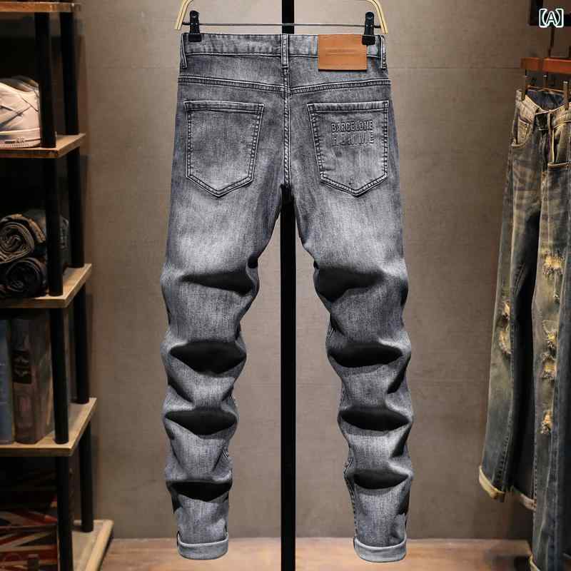 メンズ 男性用 ファッション オシャレ シンプル 大人 かっこいい ストリート ヒップホップ HipHop グレー ジーンズ カジュアル スリムフィット パンツ 夏 薄手