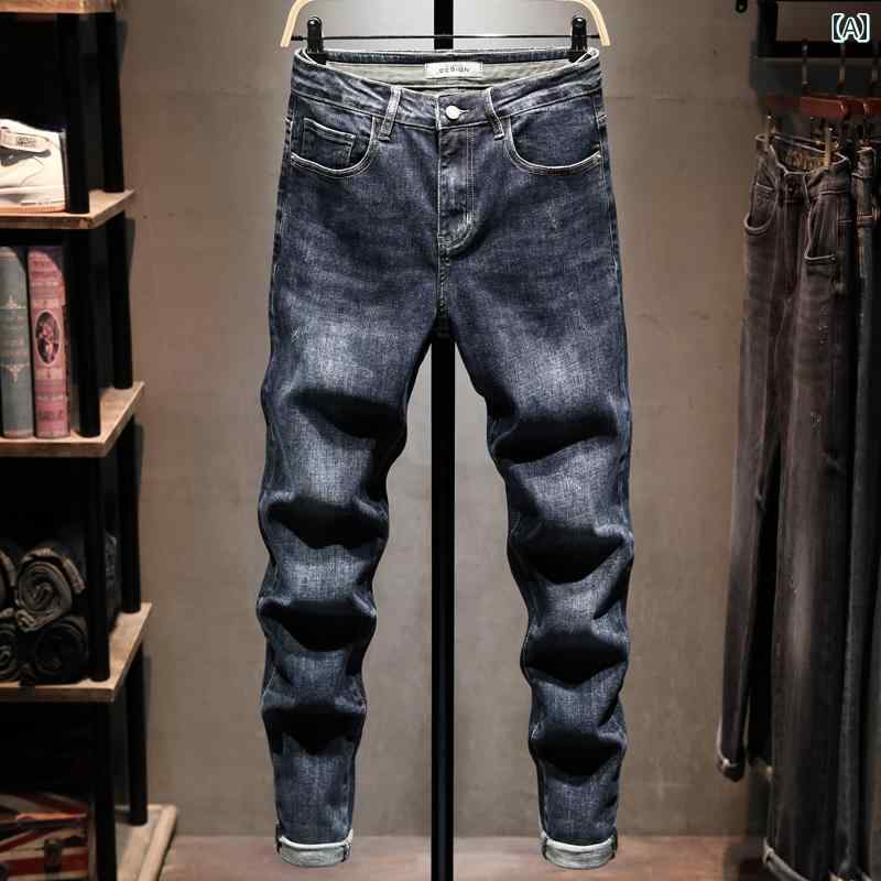 メンズ 男性用 ファッション オシャレ シンプル 大人 かっこいい ストリート ヒップホップ HipHop ジーンズ ウォッシュ加工 キャット スクラッチ ダーク ブルー ストレッチスリムダウン スタイル