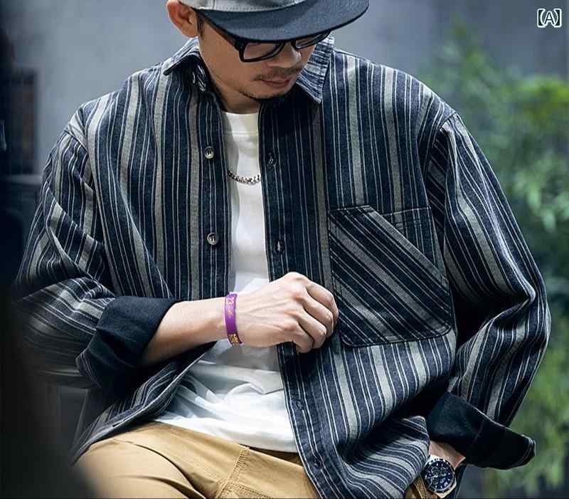 メンズ 男性用 ファッション オシャレ シンプル 大人 かっこいい ストリート ヒップホップ HipHop アメリカ 黒 グレー ストライプ 長袖 シャツ 春 ルーズ 大きいサイズ シャツ 春 カジュアル ジャケット
