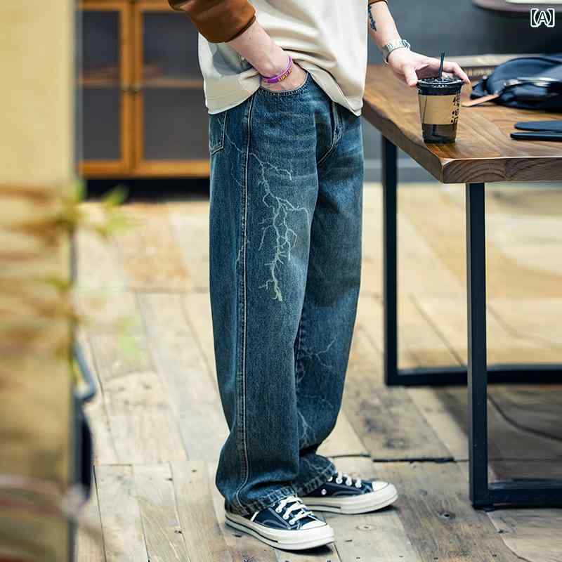 メンズ 男性用 ファッション オシャレ シンプル 大人 かっこいい ストリート ヒップホップ HipHop アメリカン ストレート ジーンズ 春 ルーズ レトロ 大きいサイズ カジュアル パンツ