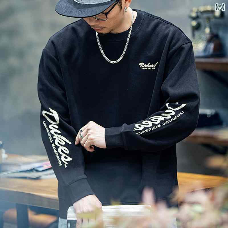 メンズ 男性用 ファッション オシャレ シンプル 大人 かっこいい ストリート ヒップホップ HipHop 春 厚手 長袖 スウェットシャツ ゆったり 大きいサイズ プリント トップ ラウンドネック カジュアル ジャケット