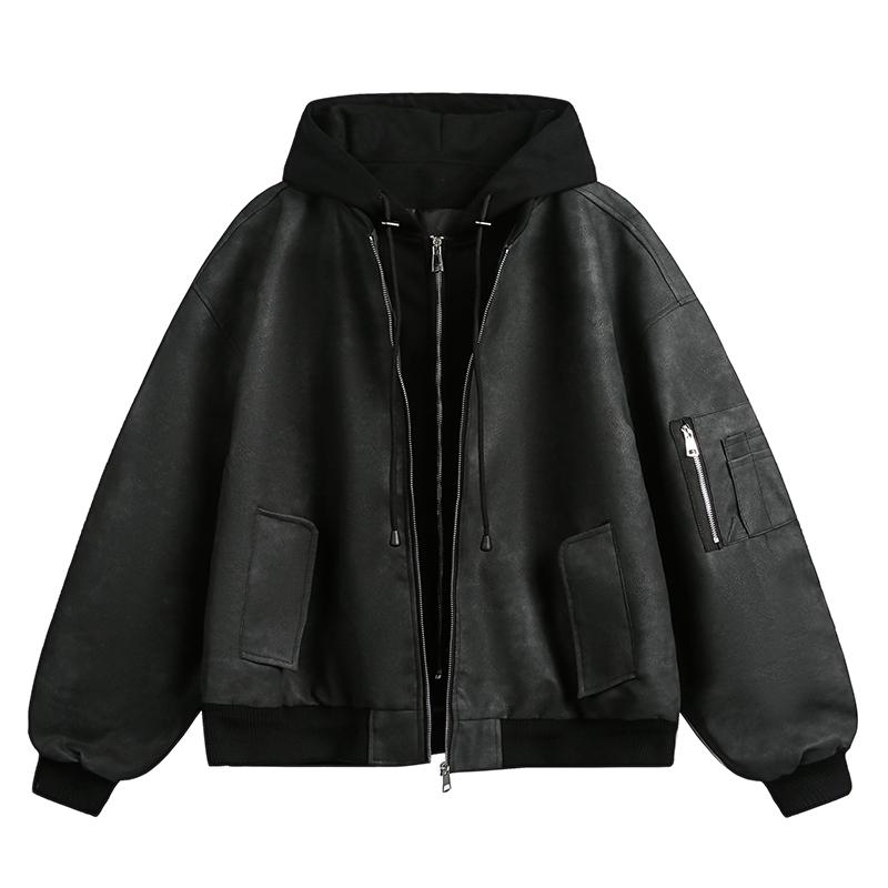 メンズ ファッション 服 用 オシャレ シンプル 大人 かっこいい 大きいサイズ ストリート 紳士服 フェイク ツーピース PUレザー フライト ジャケット アメリカン ストリート ライダース スーツ フード付き