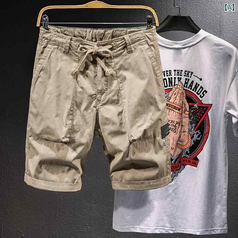 メンズ 男性用 ファッション オシャレ シンプル 大人 かっこいい ストリート ヒップホップ HipHop 夏 シルク ベージュ カーゴ ショーツ ルーズ パンツ カジュアル クォーター パンツ