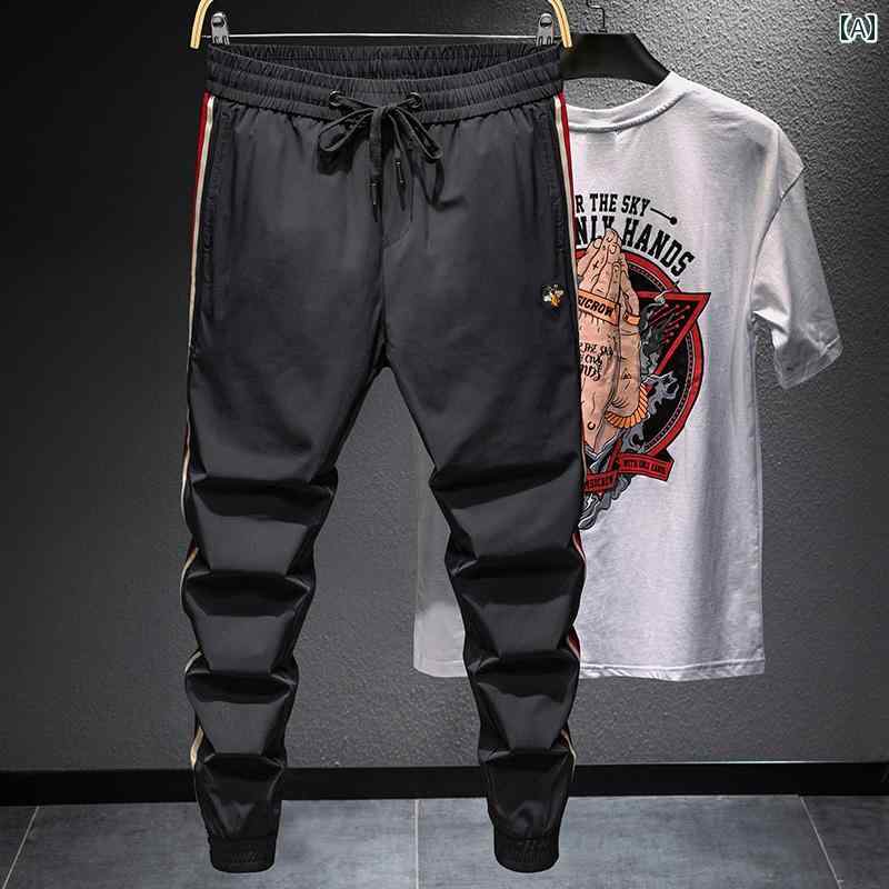 メンズ 男性用 ファッション オシャレ シンプル 大人 かっこいい ストリート ヒップホップ HipHop 夏 薄手 白 カジュアル パンツ アイスシルク 速乾 パンツ 大きいサイズ アンクル タイ スポーツ パンツ