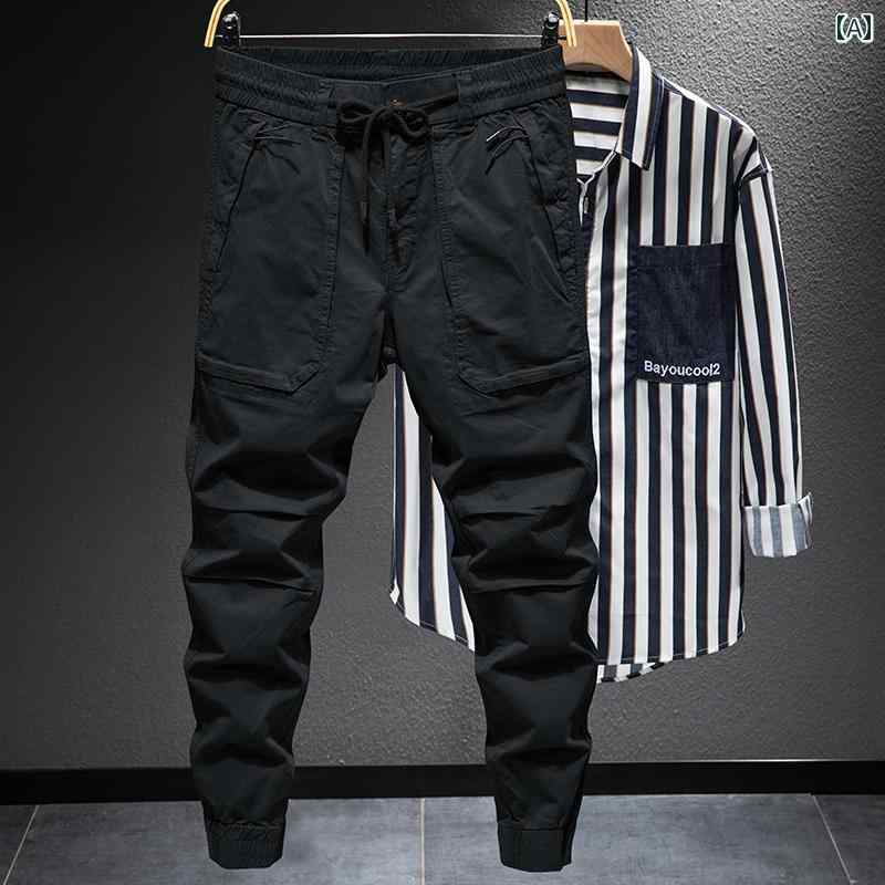 メンズ 男性用 ファッション オシャレ シンプル 大人 かっこいい ストリート ヒップホップ HipHop 春秋 ビッグ ポケット カジュアル パンツ ルーズ レッグ タイ 韓国ファッションファッション ト ワークウェア パンツ