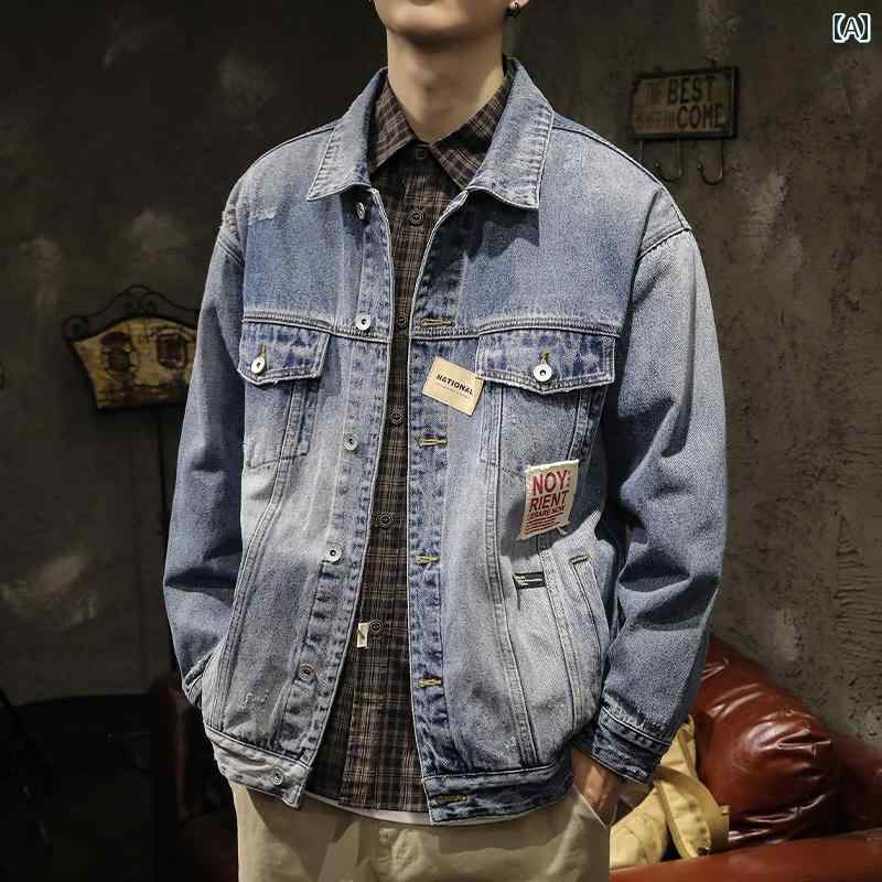 メンズ 成人男性用 流行り物 オシャレ 分かりやすい 成年者 かっこいい 表どおり 御居処跳ねる HipHop アメリカンン 葦 細工物御召しもの ジーンズ上衣  秋 レトロ ウォッシュ 心地よい 上衣