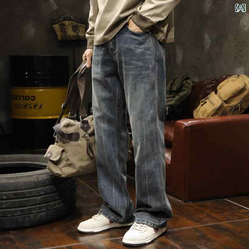 メンズ 男性用 ファッション オシャレ シンプル 大人 かっこいい ストリート ヒップホップ HipHop ブルー ジーンズ 春 ルーズ ストレート アメリカンン レトロ ハイ ストリート カジュアル パンツ スタイル