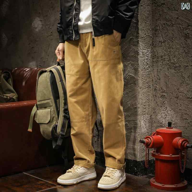 メンズ 男性用 ファッション オシャレ シンプル 大人 かっこいい ストリート ヒップホップ HipHop カーキ 綿 コットン カジュアル パンツ ルーズ ストレート 秋 ワイド レッグ ワークパンツ スタイル