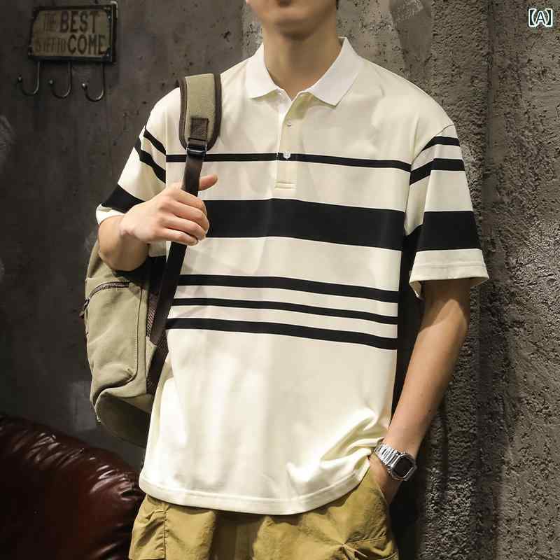 メンズ 男性用 ファッション オシャレ シンプル 大人 かっこいい ストリート ヒップホップ HipHop ポロシャツ 夏 ストライプ ラウンドネック トップ アメリカンン ルーズ 半袖 T シャツ