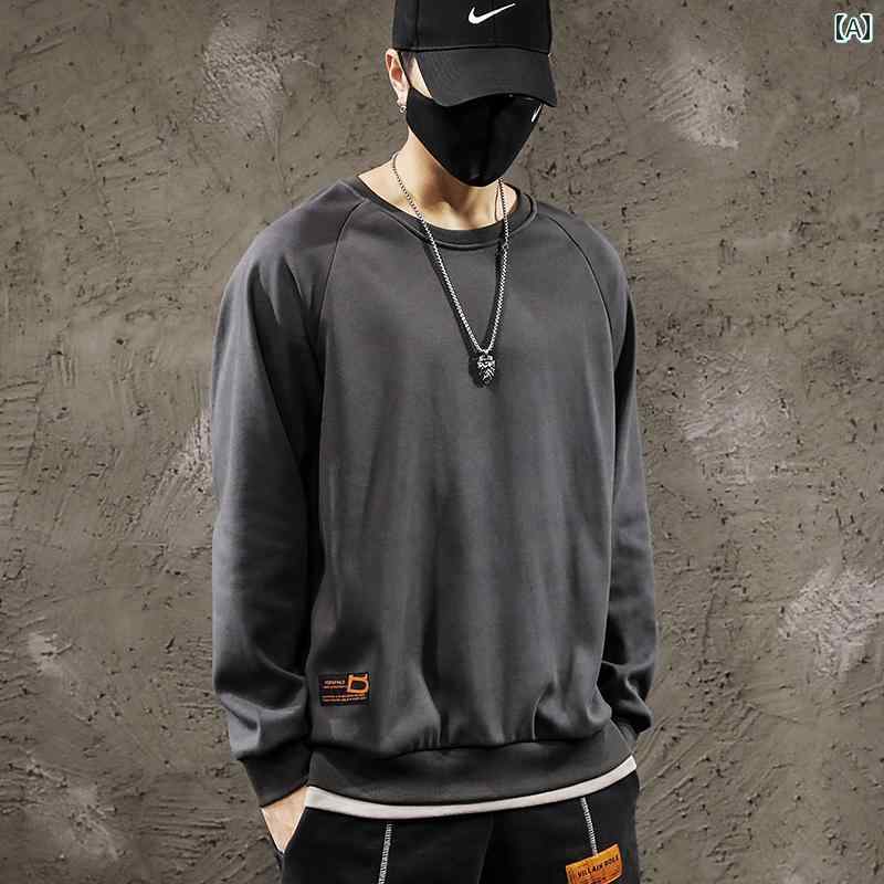 メンズ 男性用 ファッション オシャレ シンプル 大人 かっこいい ストリート ヒップホップ HipHop フェイク ツーピース スウェットシャツ ラウンドネック ルーズ 秋冬 大きいサイズ 長袖 トボ トム シャツ
