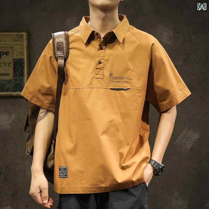 メンズ 男性用 ファッション オシャレ シンプル 大人 かっこいい ストリート ヒップホップ HipHop アメリカンン レトロ ルーズ ワークシャツ アイビー 半袖 半袖 T シャツ シャツ 襟 サマー ポロ