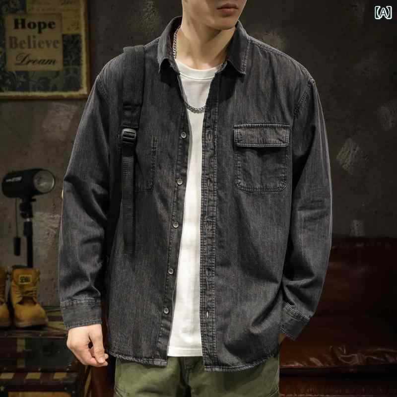 メンズ 男性用 ファッション オシャレ シンプル 大人 かっこいい ストリート ヒップホップ HipHop シャツ ジャケット 長袖 カジュアル トップス デニムシャツ 春秋 スタイル|リコット