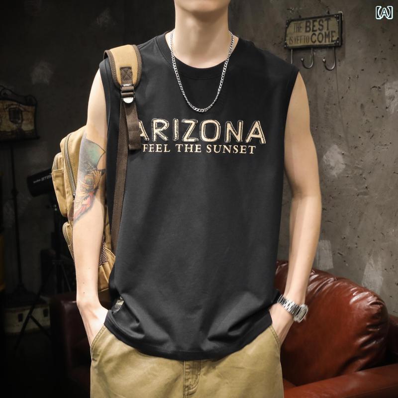 メンズ 男性用 ファッション オシャレ シンプル 大人 かっこいい ストリート ヒップホップ HipHop アメリカンン ハイ ストリート ヘビーウェイト ベスト 夏 プリント チョッキ 綿 大きいサイズ スポーツ ノースリーブ Tシャツ