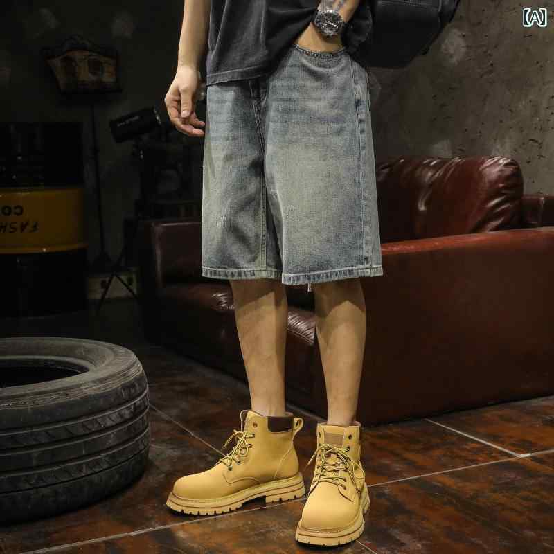 メンズ 男性用 ファッション オシャレ シンプル 大人 かっこいい ストリート ヒップホップ HipHop 夏 アメリカンンン ヘビーウェイト デニム ショート パンツ ウォッシュ ルーズ ストレート ミッド パンツ ストリート 大きいサイズ パンツ