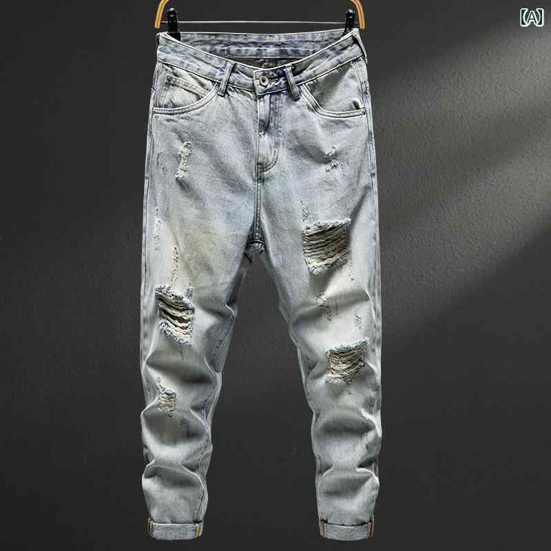 メンズ 男性用 ファッション オシャレ シンプル 大人 かっこいい ストリート ヒップホップ HipHop ビッグ ホール ダメージ 加工 ジーンズ 夏 ルーズ ストレート ライト カラー カジュアル パンツ