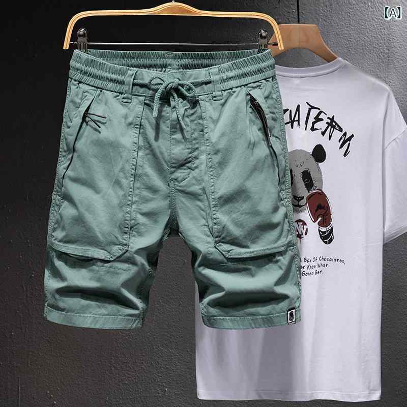 メンズ 男性用 ファッション オシャレ シンプル 大人 かっこいい ストリート ヒップホップ HipHop カーゴ ショーツ 夏 アイスシルク 薄手 アウトドア ゆったり 大きい パンツ カジュアル ハーフ パンツ ライト グリーン ブリーチ
