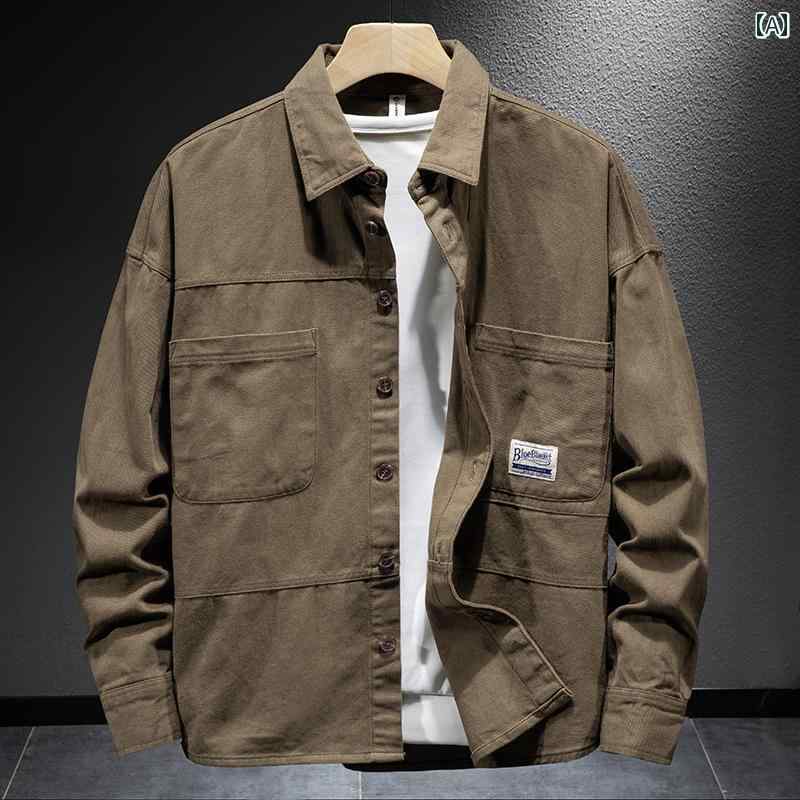 メンズ 男性用 ファッション オシャレ シンプル 大人 かっこいい ストリート ヒップホップ HipHop アメリカンン レトロ ワークシャツ 長袖 ルーズ コットンシャツ カジュアル 春秋 ジャケット