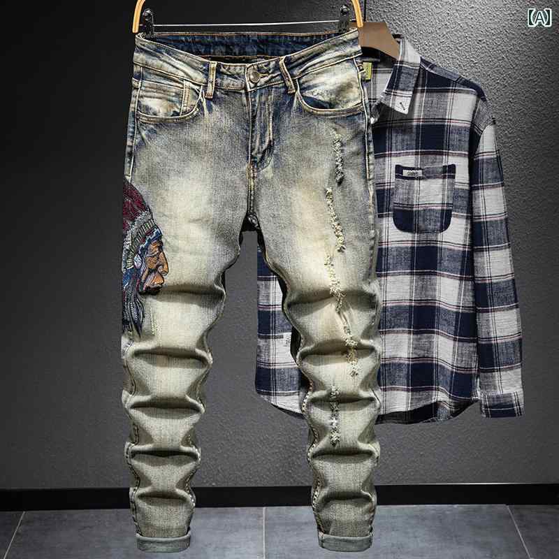 メンズ 男性用 ファッション オシャレ シンプル 大人 かっこいい ストリート ヒップホップ HipHop アメリカンン ハイ ストリート イエロー レトロ 入り ジーンズ 韓国ファッション スリムフィット ダメージ加工 パンツ