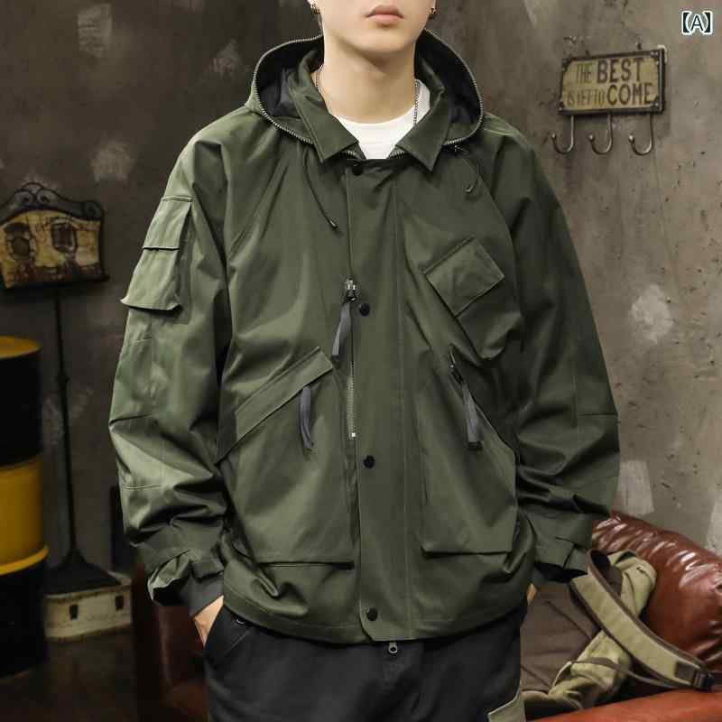 メンズ 男性用 ファッション オシャレ シンプル 大人 かっこいい ストリート ヒップホップ HipHop グリーン ワーク ジャケット フード 付き ジャケット アウトドア 登山 防風 防水 スタイル