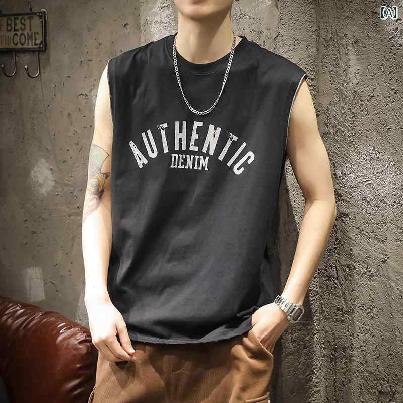 メンズ 男性用 ファッション オシャレ シンプル 大人 かっこいい ストリート ヒップホップ HipHop ベスト 夏 ルーズ 230 グラム ヘビー コットン プリント ノースリーブ T シャツ アメリカンン スポーツ 半袖 ベスト