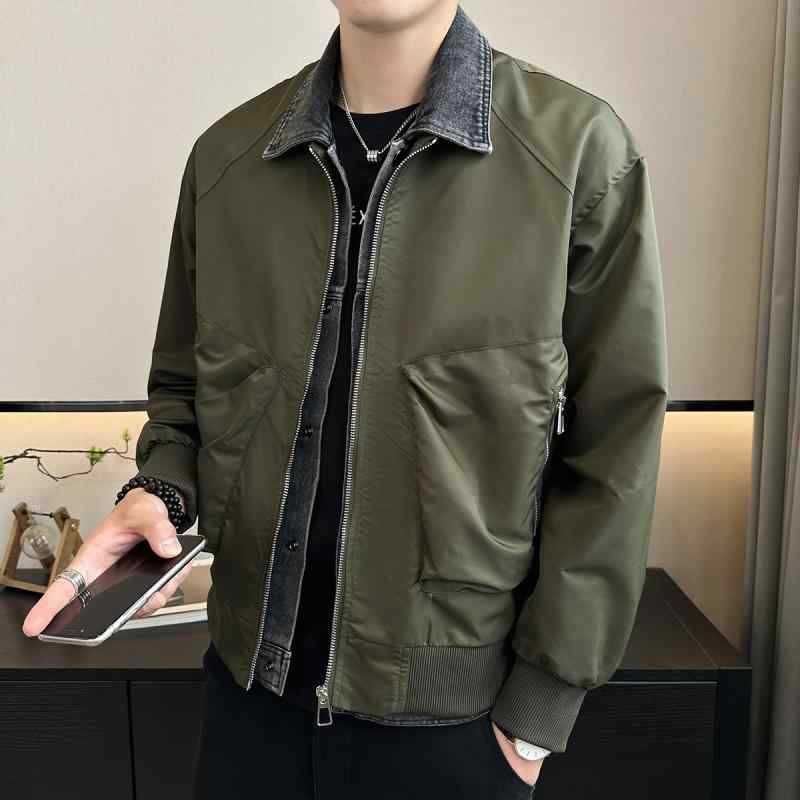 春 コーデ メンズ 服 シンプル ファッション オシャレ 大人 かっこいい 大きいサイズ ストリート 紳士服 フェイク ツーピース デニム ジャケット ハイエンド スリム カジュアル ワークウェア トップス