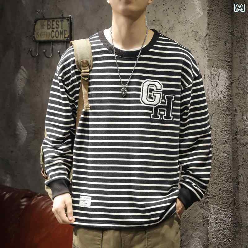 メンズ 男性用 ファッション オシャレ シンプル 大人 かっこいい ストリート ヒップホップ HipHop アメリカンン ハイ ストリート 白 黒 ストライプ T シャツ ルーズ 春秋 サイズ 長袖 ラウンドネック スウェットシャツ｜リコット