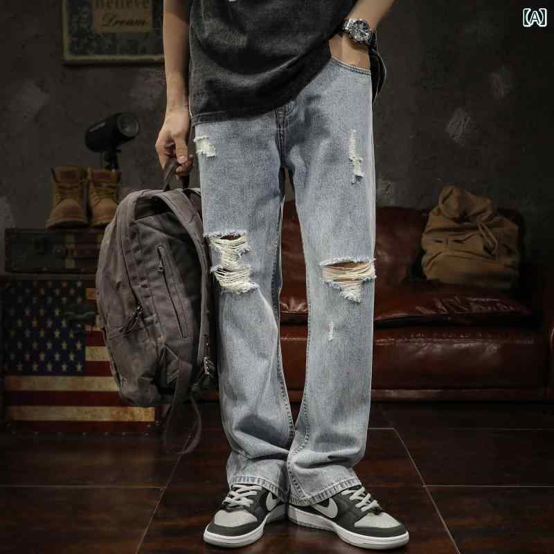 メンズ 男性用 ファッション オシャレ シンプル 大人 かっこいい ストリート ヒップホップ HipHop 夏 薄手 ジーンズ ストーンウォッシュ アメリカンン ストリート スタイル ルーズ ストレート ロング パンツ|リコット