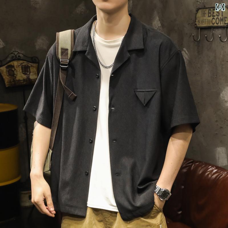 メンズ 男性用 ファッション オシャレ シンプル 大人 かっこいい ストリート ヒップホップ HipHop デザイン アイスシルク 半袖 シャツ ルーズ 夏 アメリカンン 半袖 シャツ