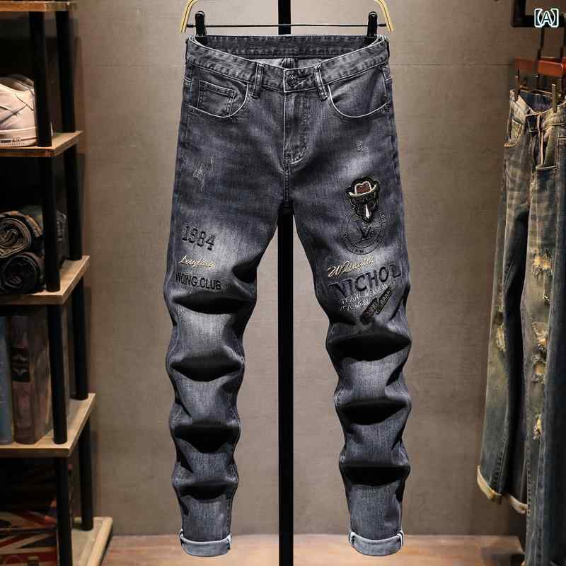 メンズ 男性用 ファッション オシャレ シンプル 大人 かっこいい ストリート ヒップホップ HipHop 夏 薄手 ジーンズ ストレッチ スリムフィット ロング パンツ スタイル