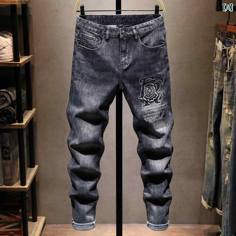 メンズ 男性用 ファッション オシャレ シンプル 大人 かっこいい ストリート ヒップホップ HipHop 夏 軽量 ジーンズ 薄手 ストレッチ スリム フィットパンツ スタイル