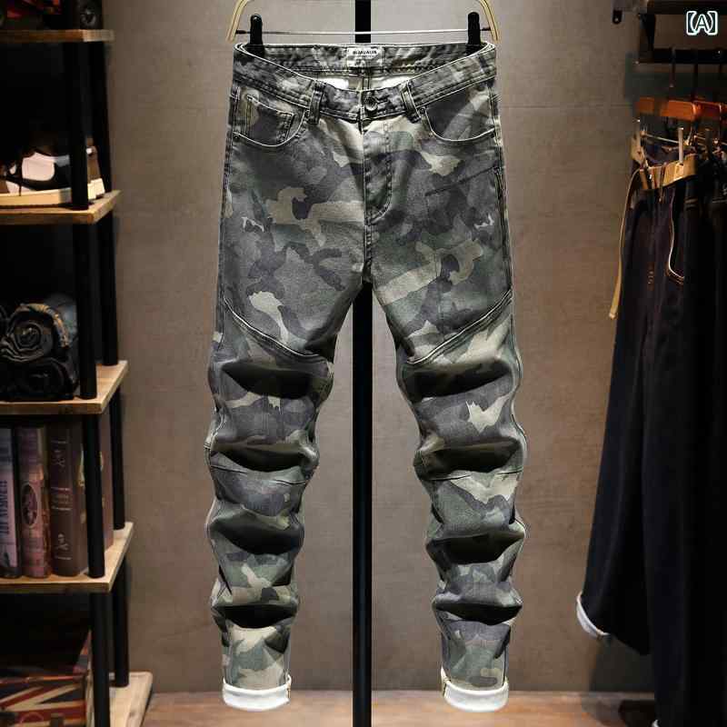 メンズ 男性用 ファッション オシャレ シンプル 大人 かっこいい ストリート ヒップホップ HipHop 迷彩 ジーンズ イン ストレッチ ウォッシュ スリム フィットパンツ 秋
