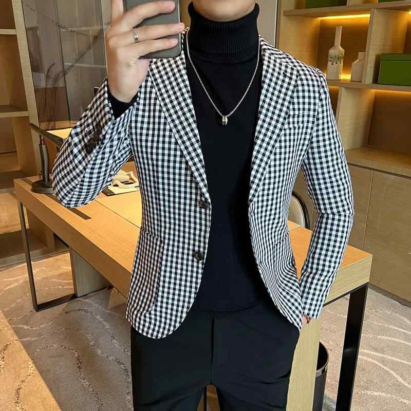 春 コーデ メンズ 服 シンプル ファッション オシャレ 大人 かっこいい 大きいサイズ ストリート 紳士服 黒 白 チェック エコ レザー スリム ビジネス カジュアル スーツ 7,165円