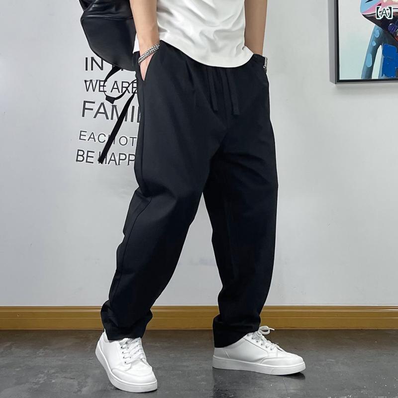メンズ 男性用 ファッション オシャレ シンプル 大人 かっこいい ストリート ヒップホップ HipHop アメリカンン レトロ ル ー ズ ドローストリング ドレープストレート レッグ カジュアル パンツ 夏 無地 シンプル 薄手