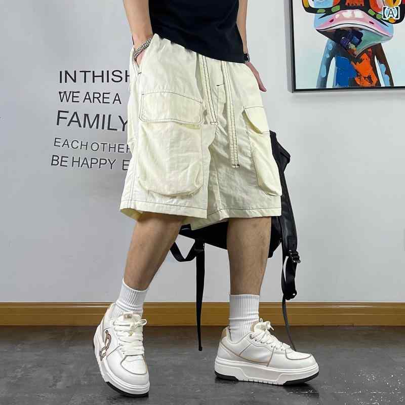 メンズ 男性用 ファッション オシャレ シンプル 大人 かっこいい ストリート ヒップホップ HipHop サマー 薄手 通気性 ゆったり トップステッチ マルチ ポケット カーゴパンツ ミッド パンツ
