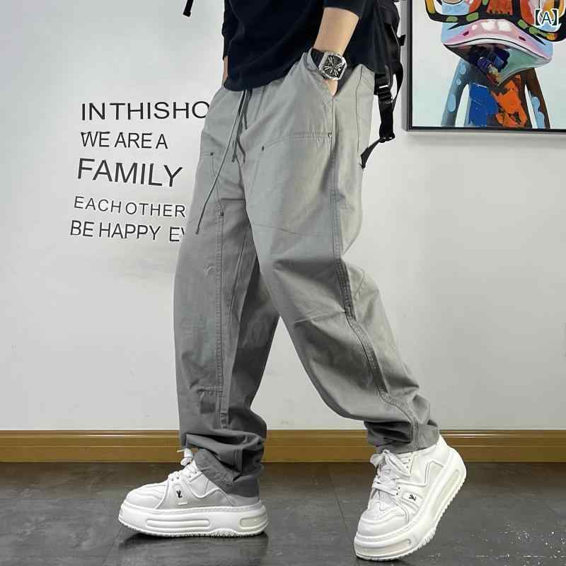 メンズ 男性用 ファッション オシャレ シンプル 大人 かっこいい ストリート ヒップホップ HipHop 春秋 ロギング パンツ ルーズ ストレート ストレッチ ウエスト リベット 装飾 アメリカンン レトロ ピュアコットン カジュアル パンツ