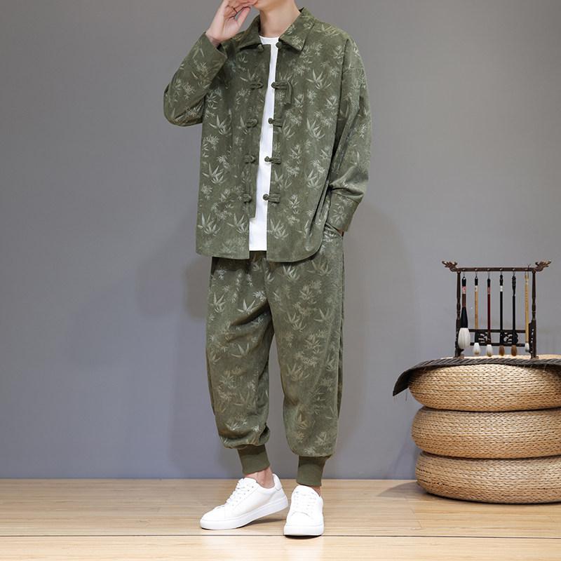 アジアンテイスト 衣装 メンズ ファッション 服 用 オシャレ シンプル 大人 かっこいい 大きいサイズ ストリート 紳士服 コーデュロイ ディスク バックル スーツ カジュアル ツーピース