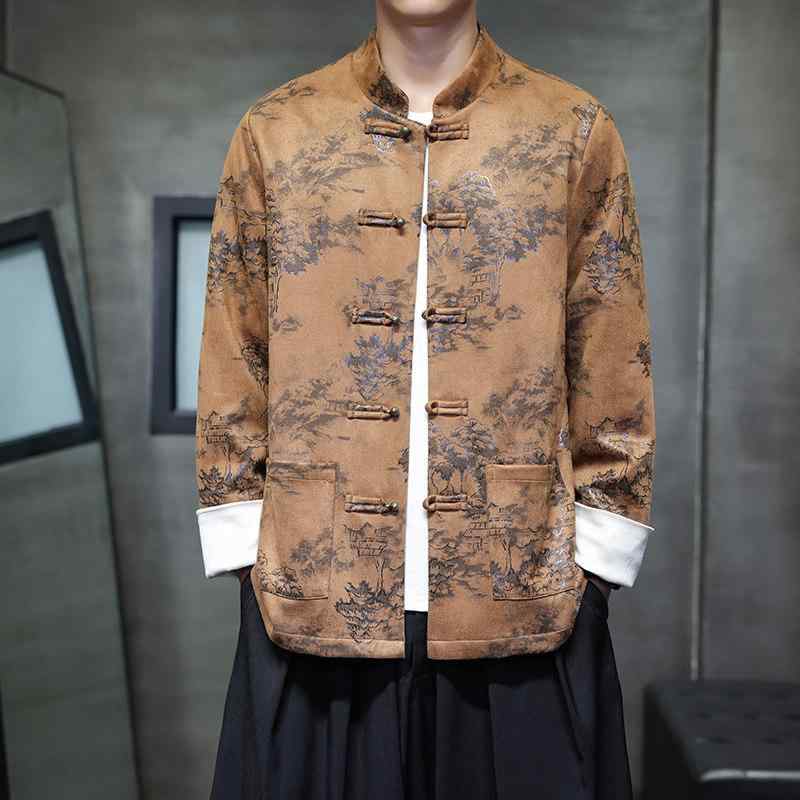 アジアンテイスト 衣装 メンズ ファッション 服 用 オシャレ シンプル 大人 かっこいい 大きいサイズ ストリート 紳士服 スーツ ジャケット レトロ プレート ボタン スタンドカラー チュニック プリント 鹿革 ベルベット|リコット