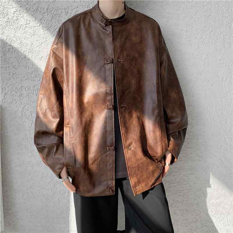 メンズ 流行り物 服 用 オシャレ 分かりやすい 成年者 かっこいい 馬鹿でかい大きさ 表どおり 成人男性服 ゆったり スタンドカラーウォッシュ PUなめし革 上衣 レトロ 背広 アメリカン 厚地の外套