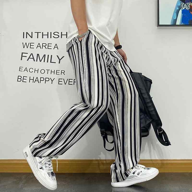 メンズ 男性用 ファッション オシャレ シンプル 大人 かっこいい ストリート ヒップホップ HipHop アメリカンン 夏 ストレート 縦 ストライプ スポーツ スウェット パンツ ポケット 装飾 カジュアル