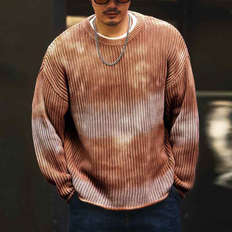 秋　冬 コーデ メンズ 服 シンプル ファッション オシャレ 大人 かっこいい 大きいサイズ ストリート 紳士服 アメリカン ヘビー グラデーション ラウンドネック セーター 長袖 プルオーバー ニット