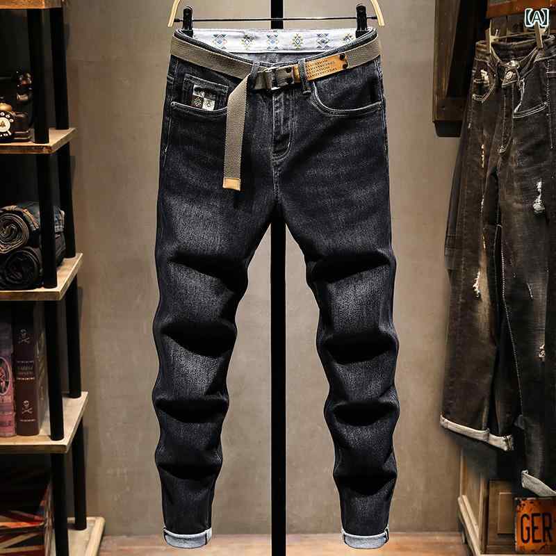 メンズ 男性用 ファッション オシャレ シンプル 大人 かっこいい ストリート ヒップホップ HipHop レトロ 黒 グレー ジーンズ スリム フィット 韓国ファッション 春 ストレッチ長ズボン