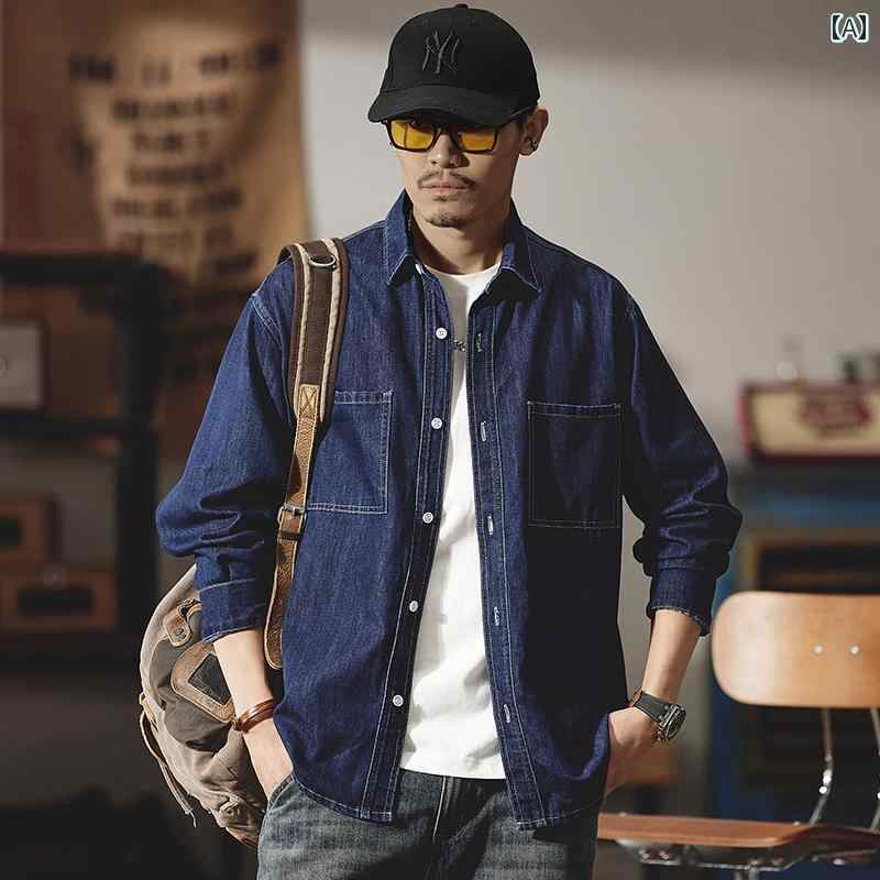 メンズ 男性用 ファッション オシャレ シンプル 大人 かっこいい ストリート ヒップホップ HipHop アメリカンン デニムシャツ 長袖 ゆったり カジュアル ワークジャケット 春 ジャケット