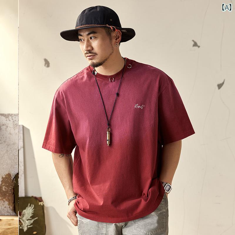 メンズ 男性用 ファッション オシャレ シンプル 大人 かっこいい ストリート ヒップホップ HipHop アメリカンン ヘビー 半袖 T シャツ 夏 薄手 綿 コットン ラウンドネック ルーズ 半袖 赤 服