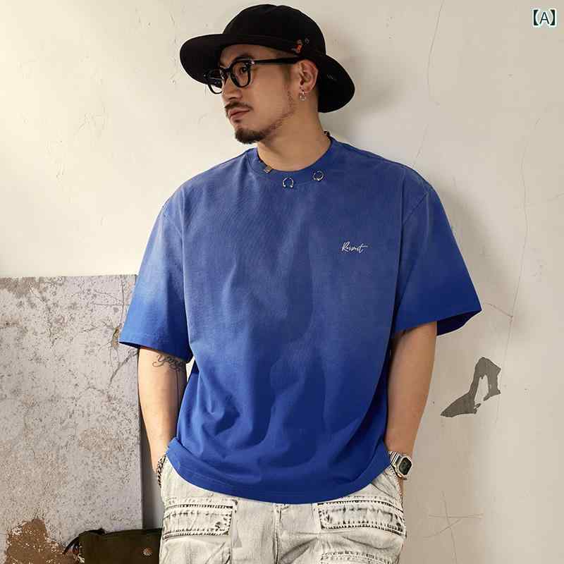 メンズ 男性用 ファッション オシャレ シンプル 大人 かっこいい ストリート ヒップホップ HipHop アメリカンン ヘビーウェイト 半袖 T シャツ 夏 薄手 綿 コットン ラウンドネック ルーズ 半袖 グラデーション 服