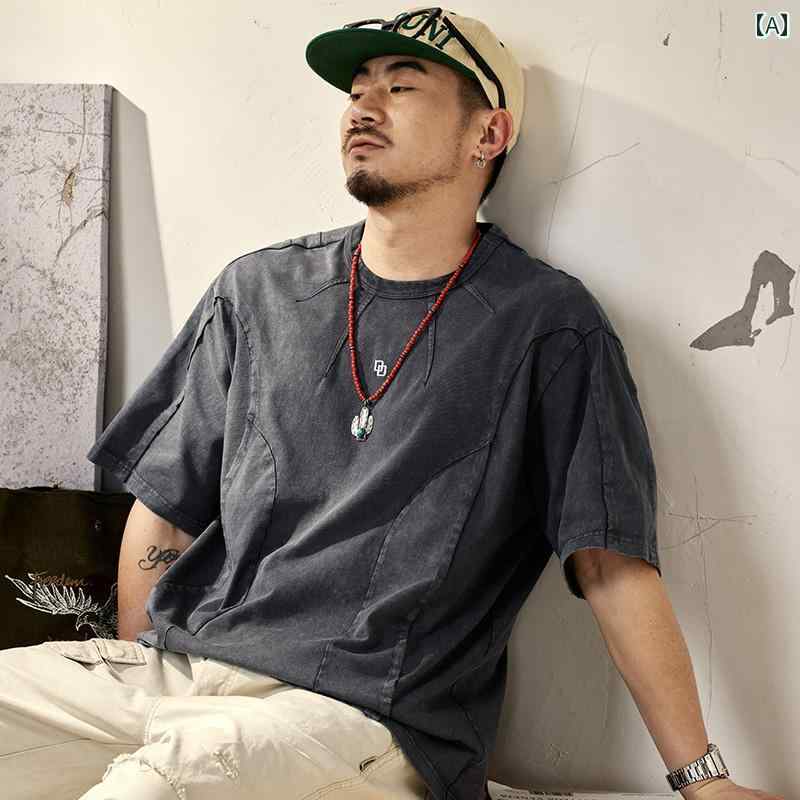 メンズ 男性用 ファッション オシャレ シンプル 大人 かっこいい ストリート ヒップホップ HipHop アメリカンン 半袖 T シャツ 夏 薄手 綿 コットン ラウンドネック ルーズ 半袖 グレー レトロ 服