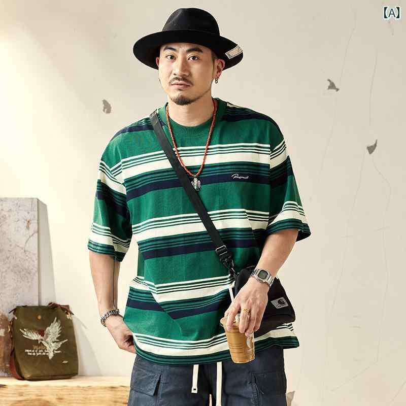 メンズ 男性用 ファッション オシャレ シンプル 大人 かっこいい ストリート ヒップホップ HipHop アメリカンン グリーンストライプ 半袖 T シャツ 夏 薄手 綿 コットン ラウンドネック ゆったり 半袖 服
