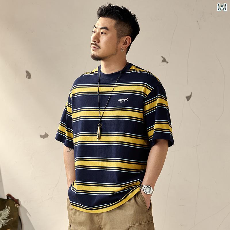 メンズ 男性用 ファッション オシャレ シンプル 大人 かっこいい ストリート ヒップホップ HipHop アメリカンン ストライプ 半袖 T シャツ 夏 薄手 綿 コットン ラウンドネック ルーズ ウォッシュ 半袖 服
