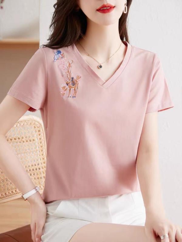 春 コーデ レディース ファッション オシャレ カワイイ シンプル きれいめ ナチュラル 上品カジュアル 婦人服 コットン Vネック 半袖 Tシャツ スリム ピンク トップス