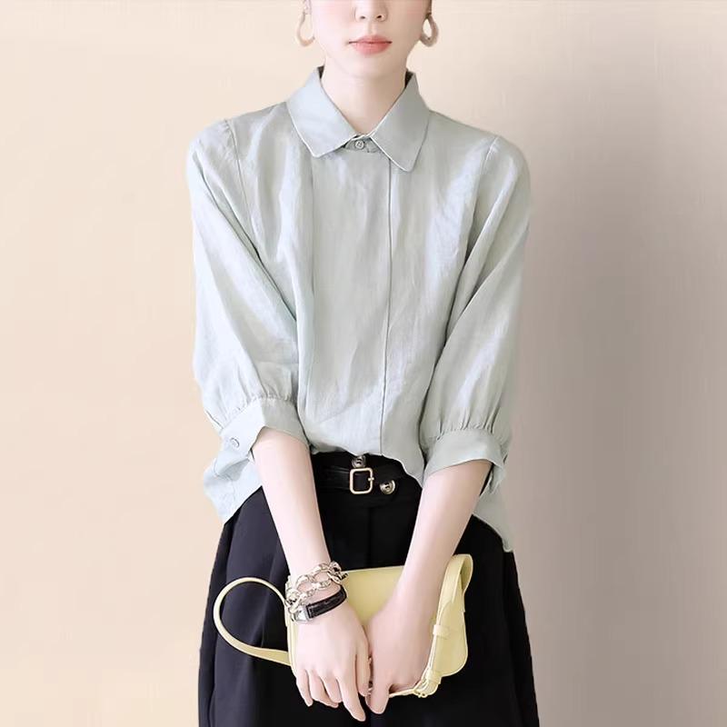 春 コーデ レディース ファッション オシャレ カワイイ シンプル きれいめ ナチュラル 上品カジュアル 婦人服 ポロカラー カジュアル スリム 七分袖 トップス