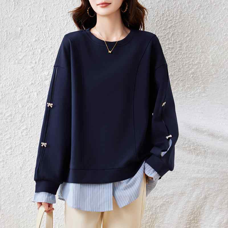 春 コーデ レディース ファッション オシャレ カワイイ シンプル きれいめ ナチュラル 上品カジュアル 婦人服 フェイク ツーピース スウェットシャツ サイズ ストライプ トップス